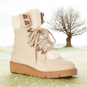 Just Fab Cerelia Shearling Cuff Lace Up Boot - Eggshell - Size 11